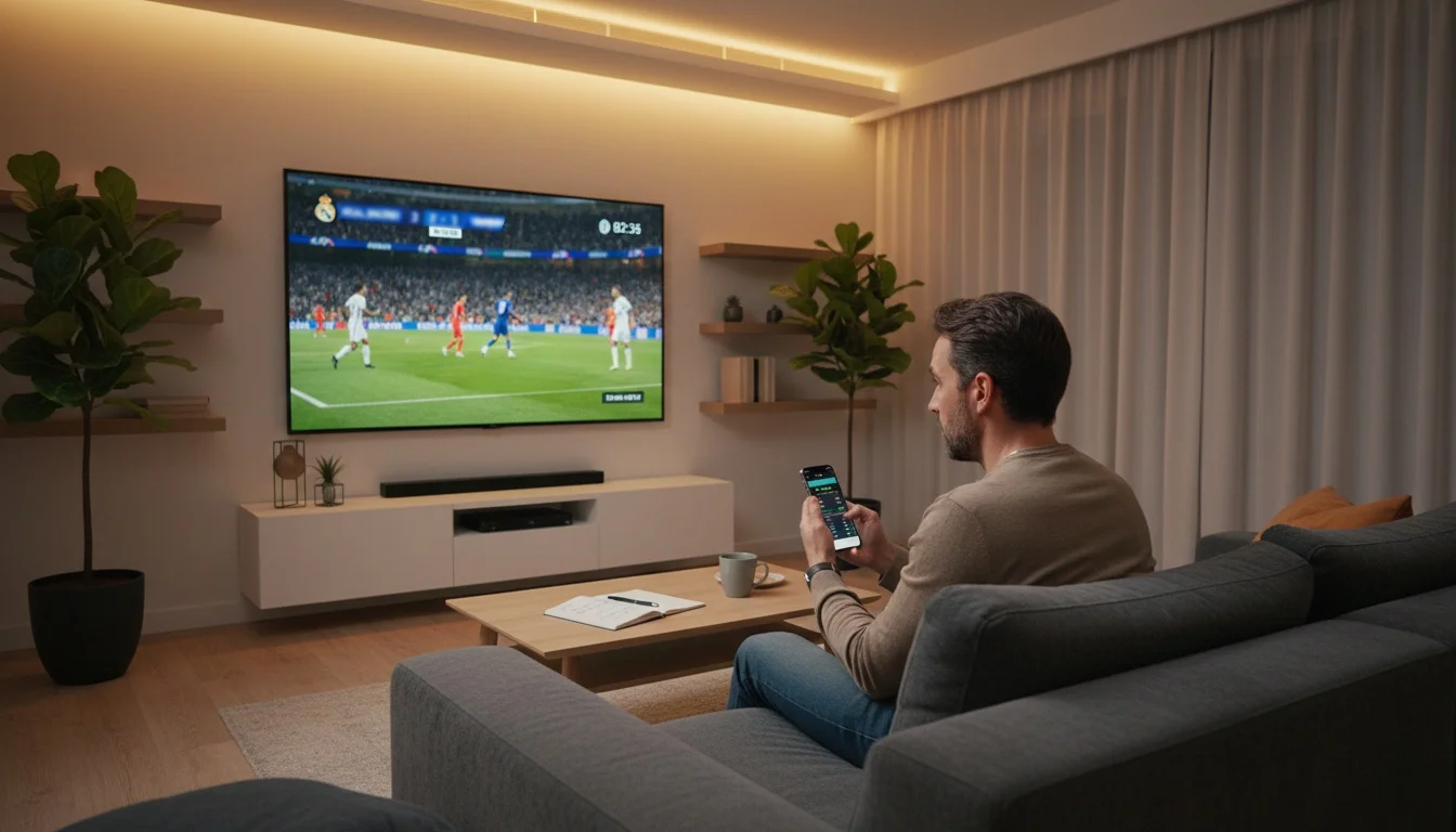 Pessoa a assistir jogo de futebol ao vivo na televisão com smartphone mostrando atualizações do jogo