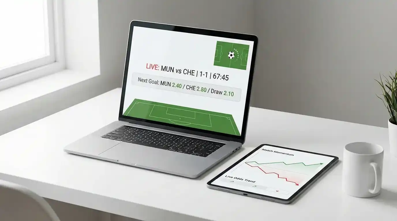 Portátil moderno a mostrar interface de apostas ao vivo com odds em tempo real
