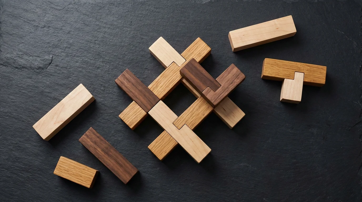 Peças de puzzle em madeira simbolizando as combinações personalizadas do Bet Builder