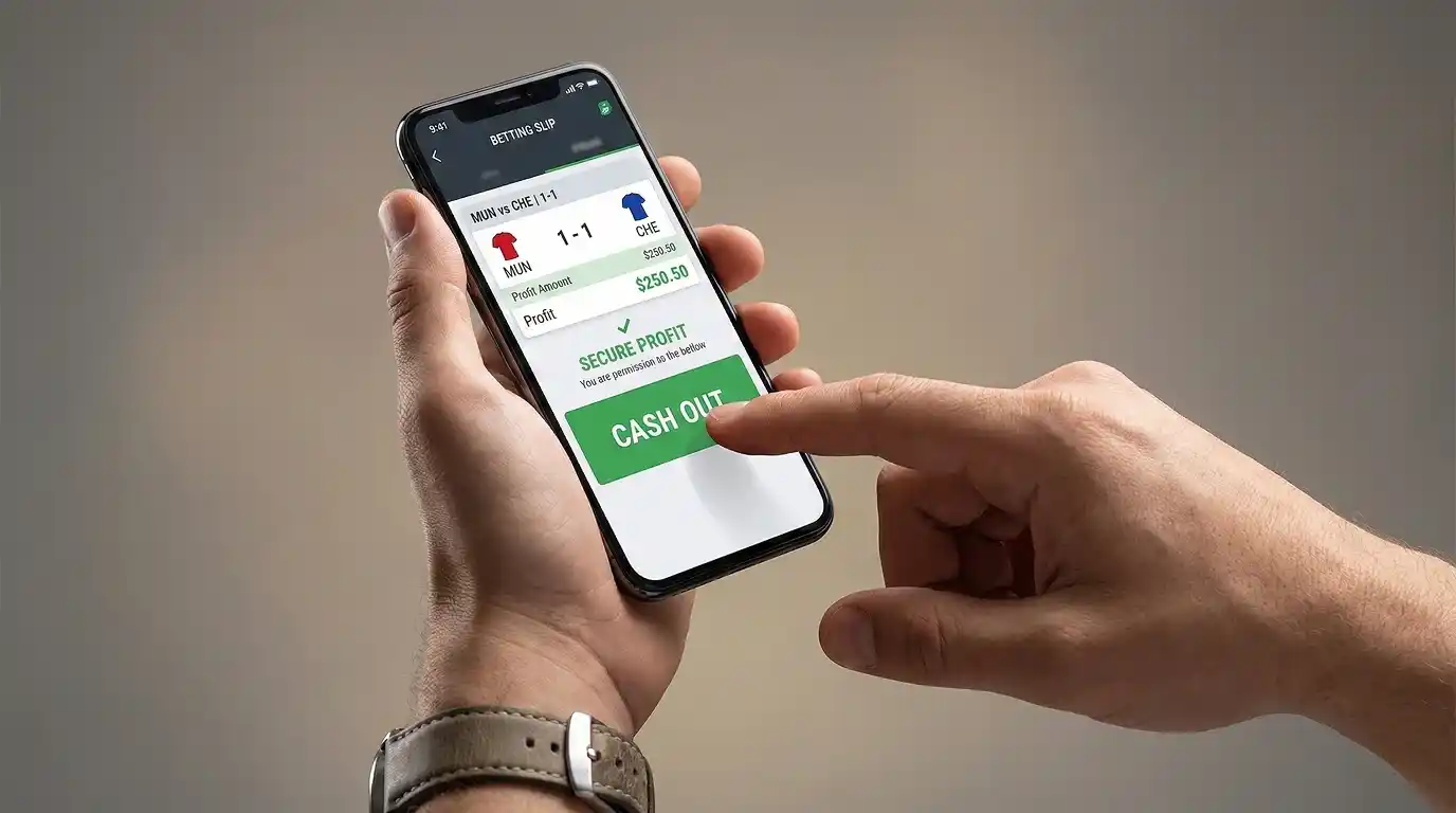 Mãos a interagir com smartphone mostrando botão de cash out numa aplicação de apostas