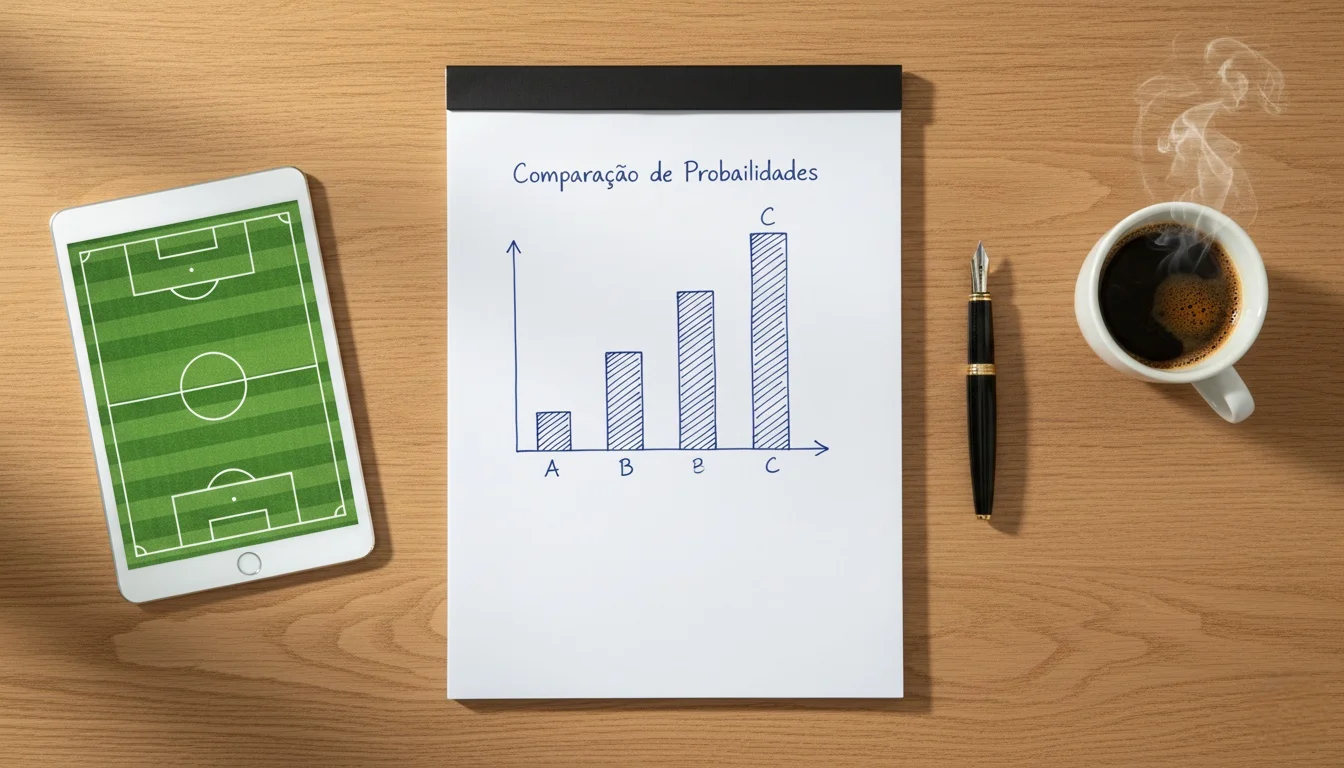 Mesa de trabalho com bloco de notas mostrando gráfico de comparação de probabilidades