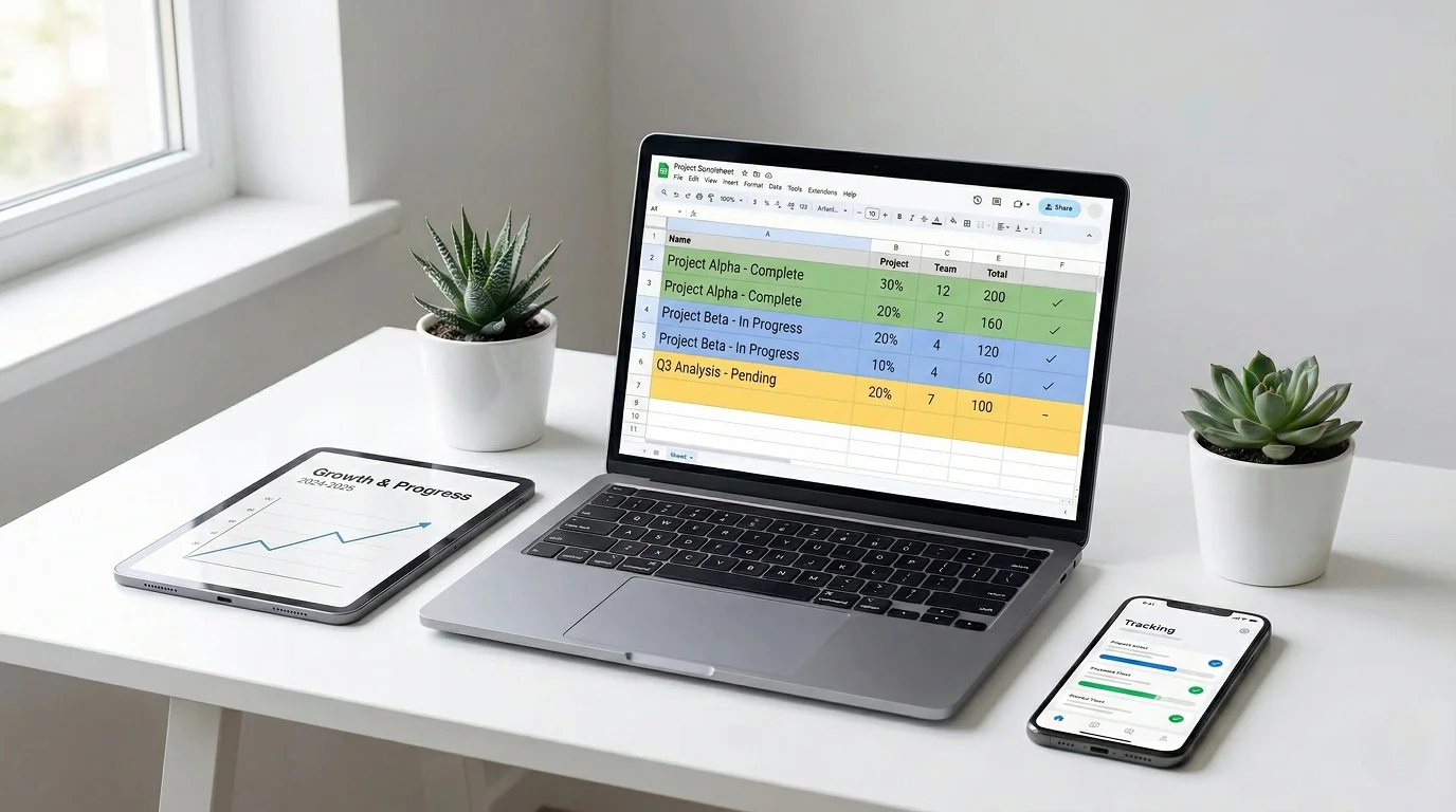 Espaço de trabalho digital organizado com portátil, tablet e smartphone para tracking e análise