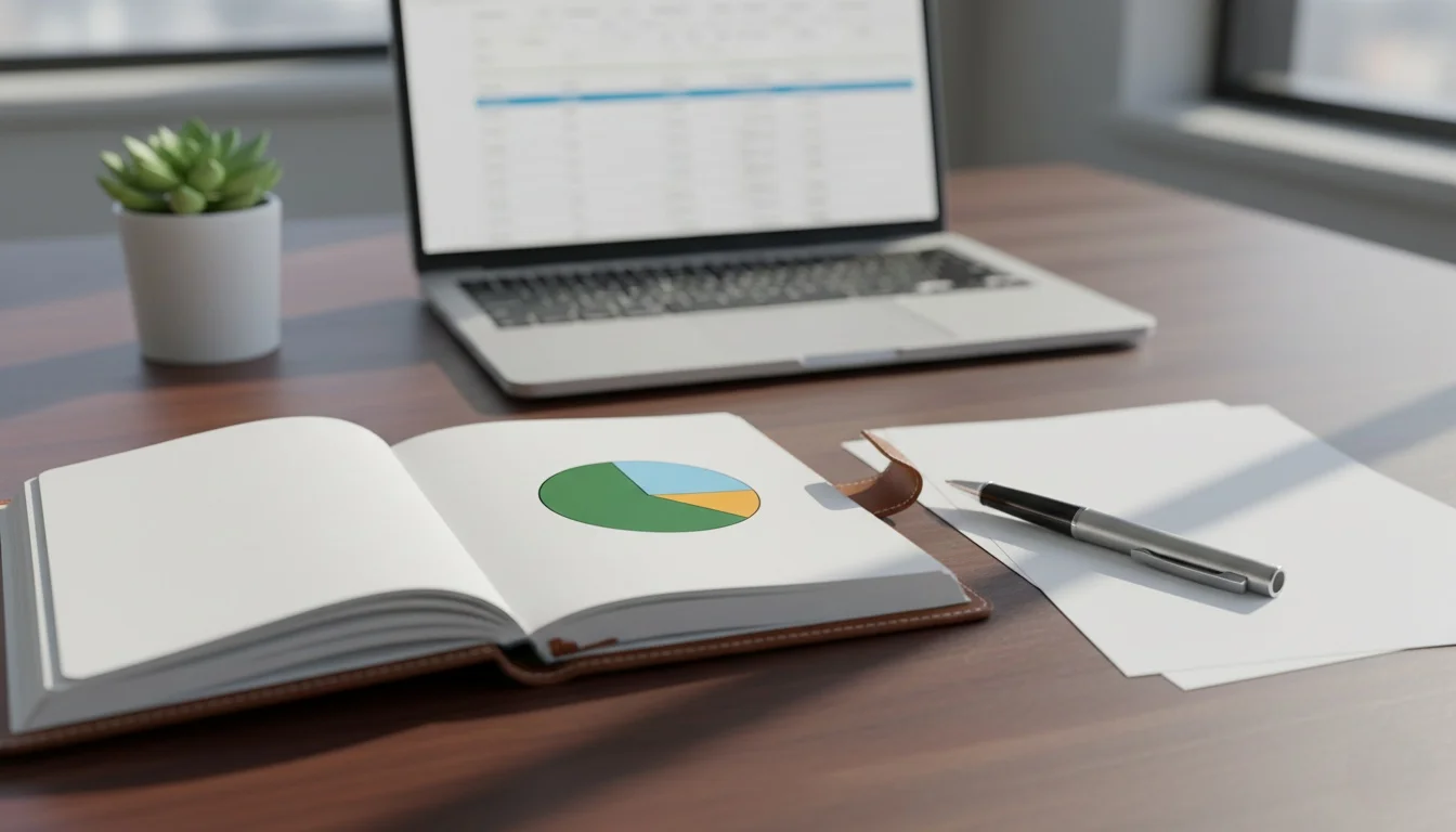 Área de trabalho organizada com agenda mostrando gráfico circular de alocação de orçamento