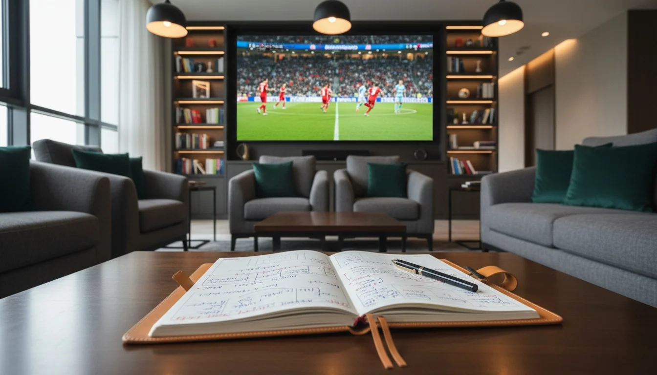 Ambiente moderno de análise desportiva com televisão a mostrar jogo de futebol e caderno de notas