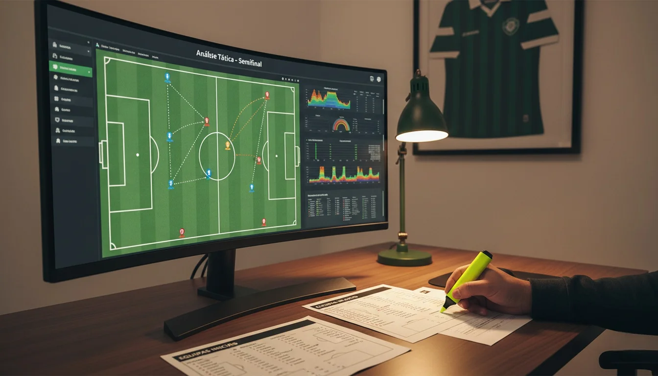 Analista desportivo a rever estatísticas de jogo num monitor com quadro tático de futebol