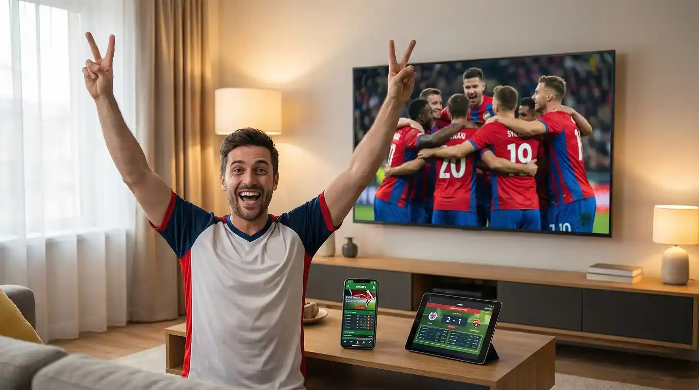 Fã de desporto entusiasmado a celebrar enquanto assiste a um jogo de futebol em casa